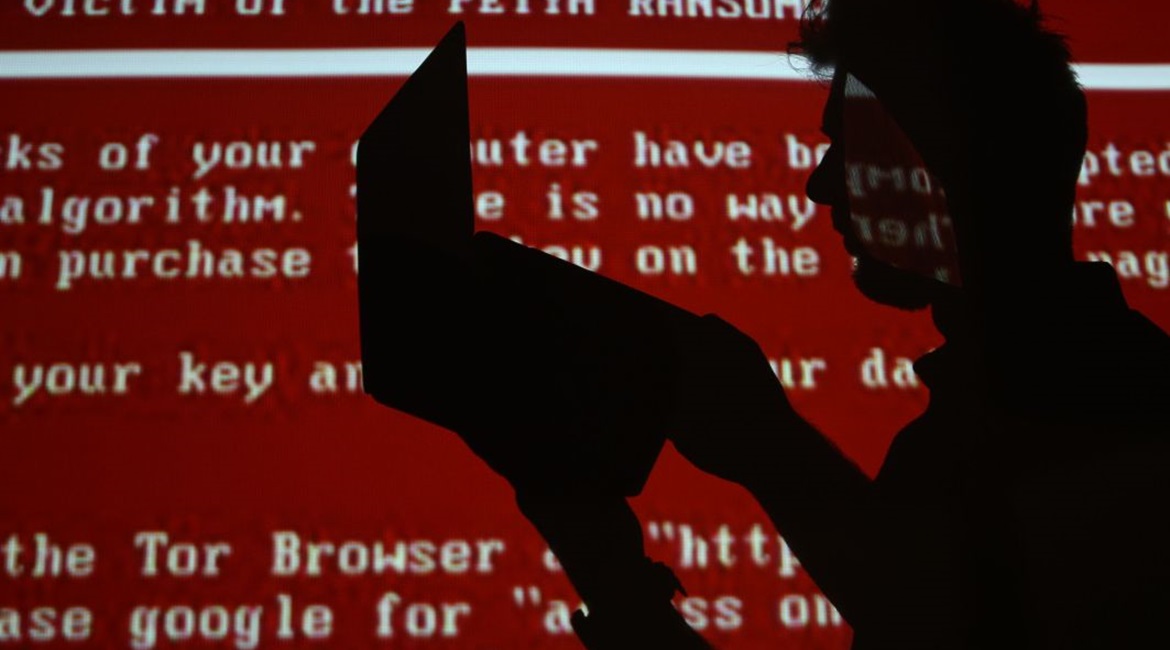 A screen displaying Petya ransomware on 27 June 2017.