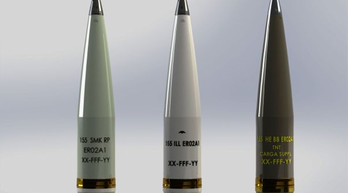 The complete family of EXPAL 155 mm extended range projectiles, from left to right, include smoke, illuminating, and high-explosive versions.