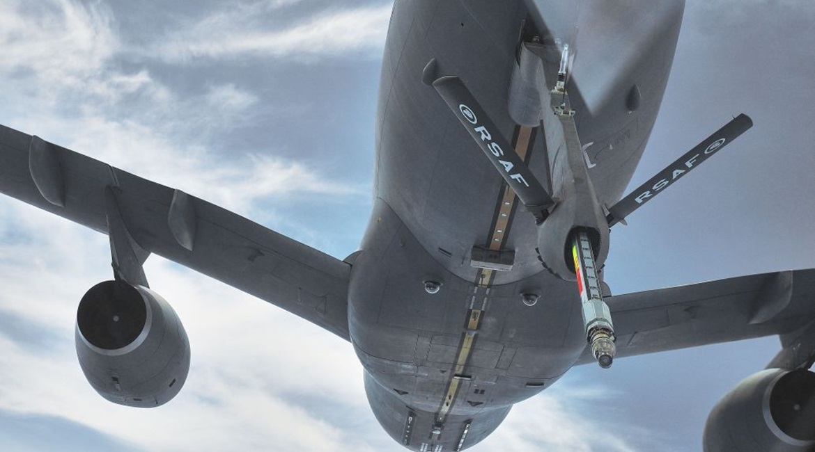 An RSAF A330 MRTT prepares to receive fuel from another A330 MRTT during an air-to-air refuelling demonstration.