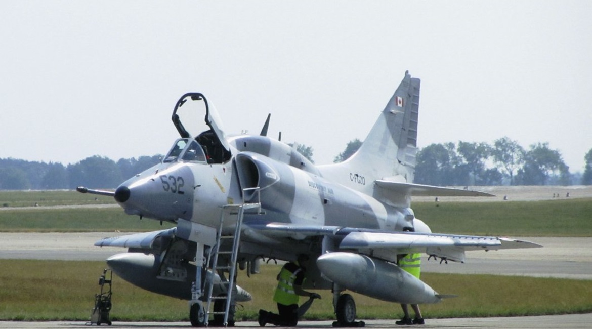 A Douglas A-4N Skyhawk jet belonging to Top Aces (formerly Discovery Air) seen during a recent iteration of the Berlin Airshow in Germany.