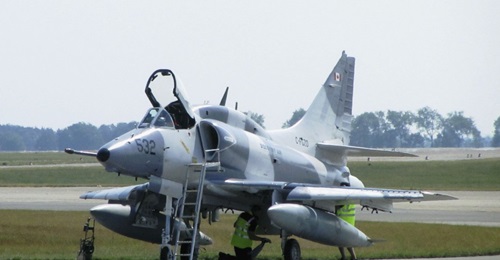A Douglas A-4N Skyhawk jet belonging to Top Aces (formerly Discovery Air) seen during a recent iteration of the Berlin Airshow in Germany.