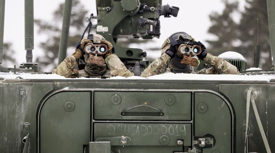 Soldiers keep watch during a joint combat live-fire event using the Gepard air defence system at Bemowo Piskie Training Area, Poland, in February 2021. The US Army is trying to fend off potential cuts to its budget next year.