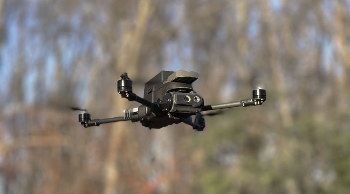 The InstantEye Robotics Mk-3 Gen5-D1/D2(E) Echo palm-sized UAV. The company demonstrated the aircraft at the 2021 US Army Expeditionary Warrior Experiment.