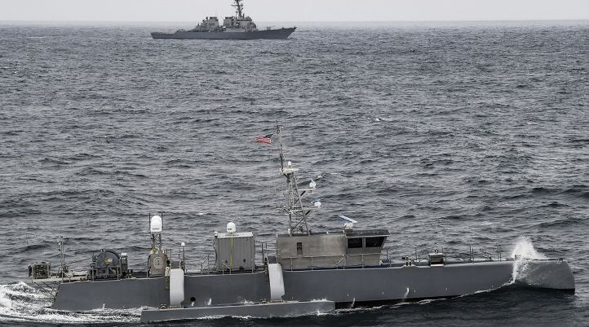 The MDUSV 
        
         seen while participating in 'UxS IBP 21'. The destroyer USS 
        
         is behind.