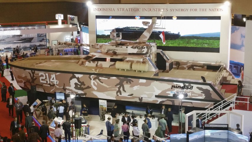 A full-sized mock-up of the tank boat at Indo Defence 2016. A prototype of the vessel was launched in waters off Banyuwangi, East Java, on 28 April. (Janes/Ridzwan Rahmat)