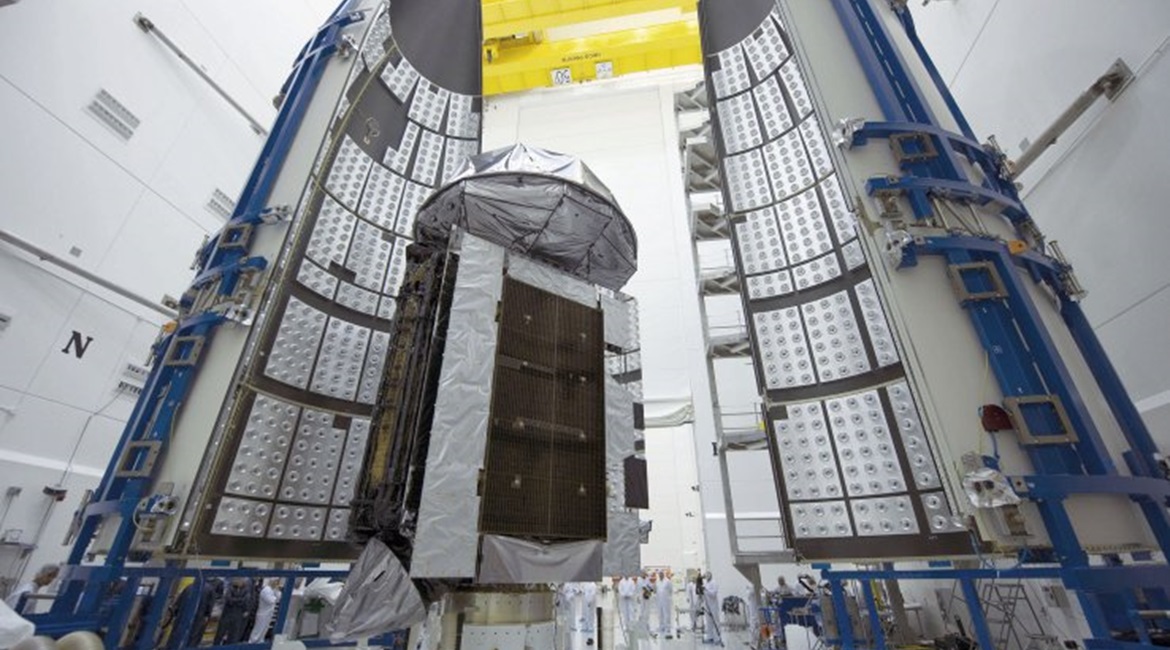 The MUOS 4 communication satellite being prepared for deployment.