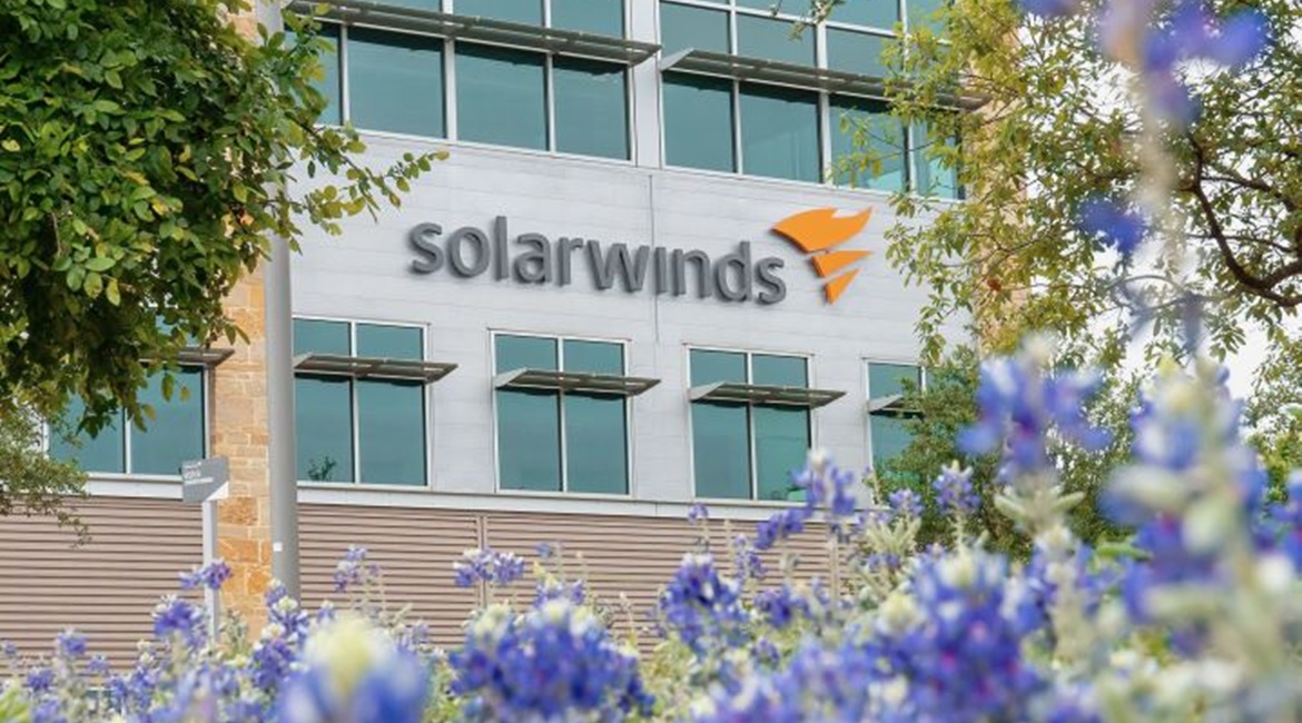 The SolarWinds Corp logo at its headquarters in Austin, Texas, on 15 April 2021. On the same day, the US and UK governments attributed the intrusion campaign against the company to the Russian Foreign Intelligence Service (Sluzhba vneshney razvedki: SV...