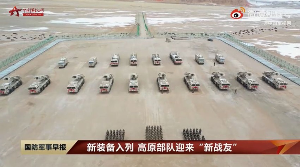 A screengrab from CCTV footage released on 8 May showing that 10 new PHL-03 MRLs, along with support vehicles, recently entered service with a unit under the PLAGF's Xinjiang Military Command.