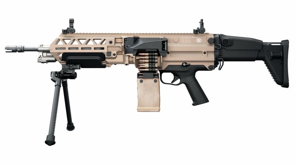 FN Herstal's new Evolys LMG, chambered in 5.56 mm. This weapon is 2.5 kg lighter than the 5.56 mm version of the company's venerable Minimi LMG.