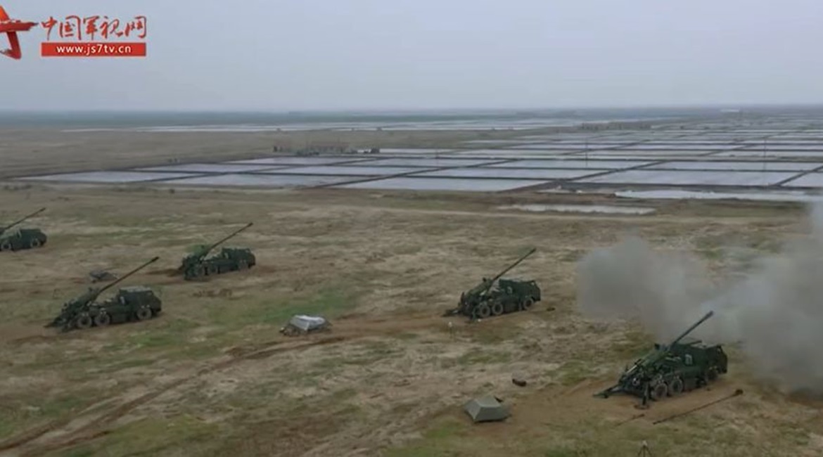 A screengrab from footage released by CCTV on 7 May showing several examples of the PCL-181 SPH during a live-fire exercise conducted by a brigade under the PLAGF's 80th Group Army near the Bohai Sea in China's northeastern Shandong Province.