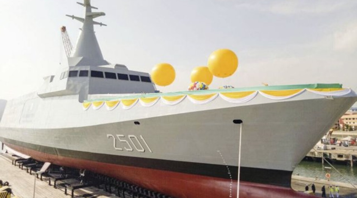 Malaysia's first-of-class LCS, pictured at its ceremonial launch in 2017.