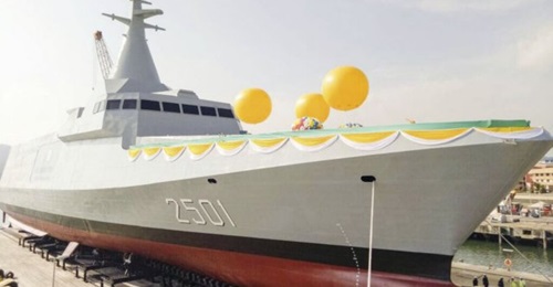 Malaysia's first-of-class LCS, pictured at its ceremonial launch in 2017.