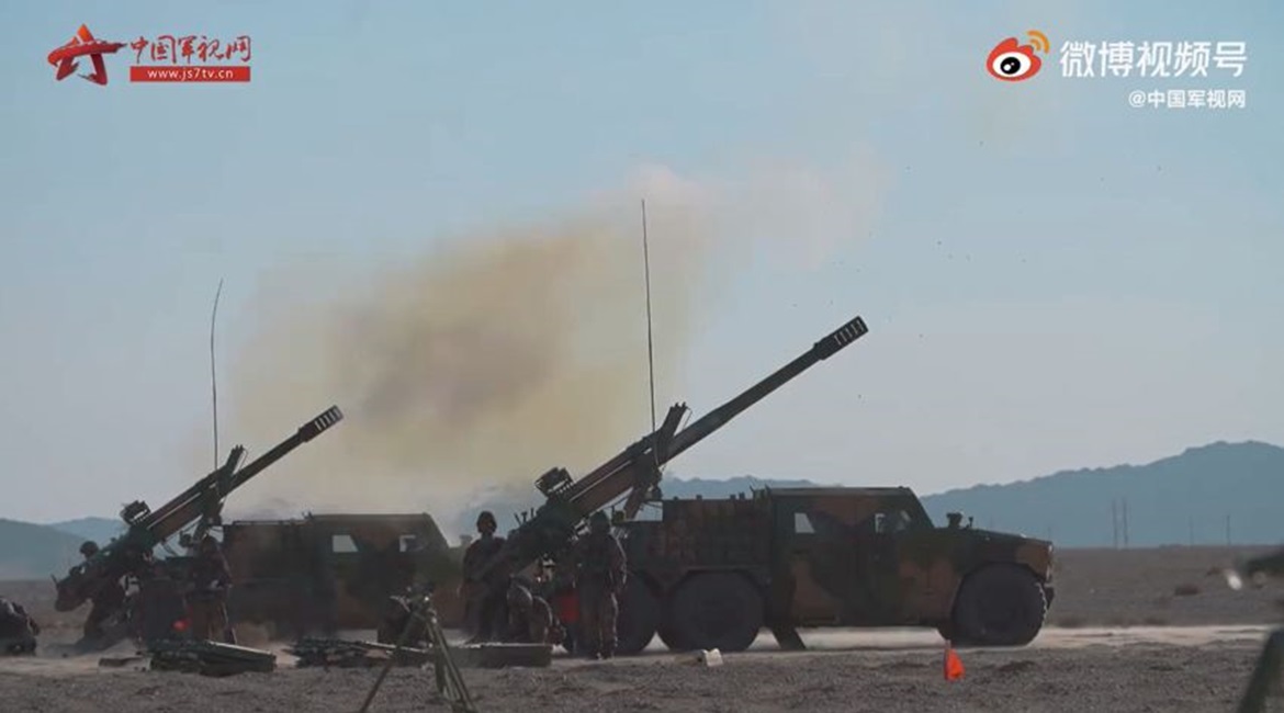 A screengrab from footage released by CCTV on 13 May showing a new type of wheeled SPH - commonly referred to as the PCL-171 - taking part in a live-fire exercise with a brigade under the PLAGF's 75th Group Army.