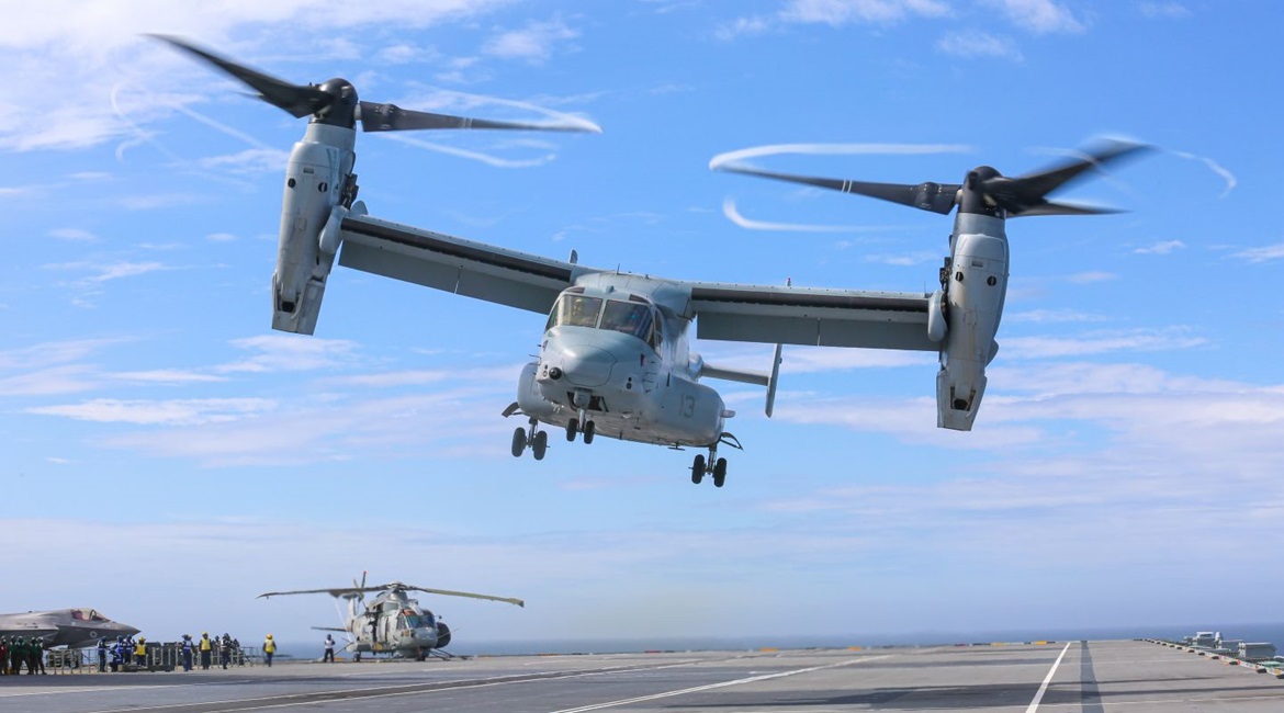 An MV-22B with the 24th Marine Expeditionary Unit, Iwo Jima Amphibious Ready Group, lands on HMS 
        
        , at sea on 10 May 2021. The Pentagon is working on a pair of software changes to its fleet of V-22s that will have the aircraft...