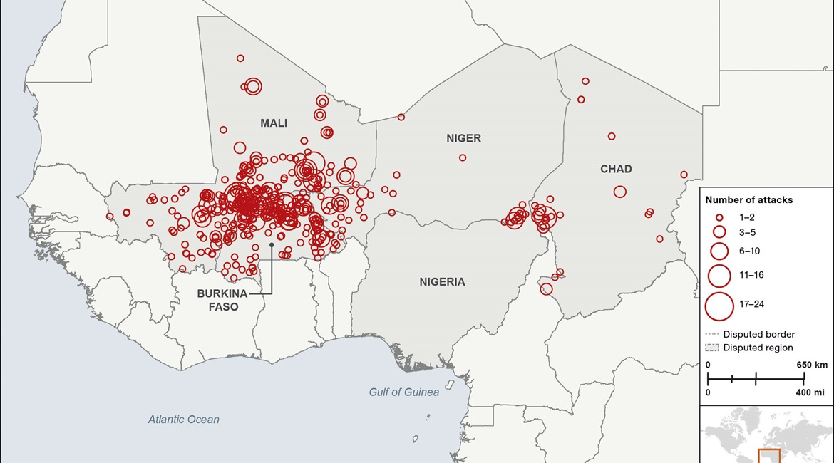 Non-state armed group attacks in the Sahel, May 2019-April 2021. Data provided by Janes Terrorism and Insurgency Centre (JTIC).