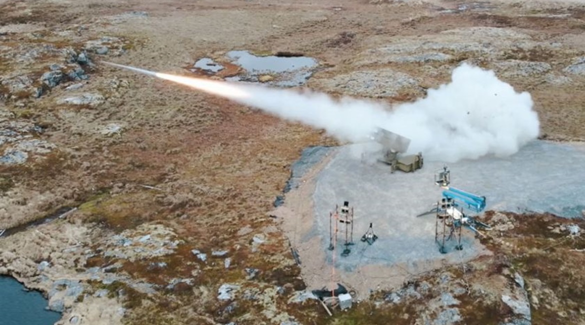 A new-design AMRAAM-ER surface-to-air interceptor is fired during one of two live-fire CTV shots at Andøya Space, Norway, in late April.