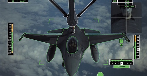 A graphic representation of Airbus's new automatic air-to-air refuelling (A3R) system passing fuel to an F-16 receiver aircraft.