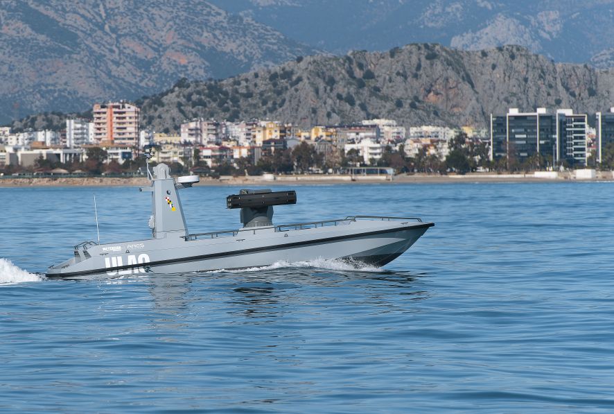 The ULAQ USV prototype launched two Cirit missiles at a static target during a live-fire demonstration on 27 May.  (Ares Shipyard/Meteksan)